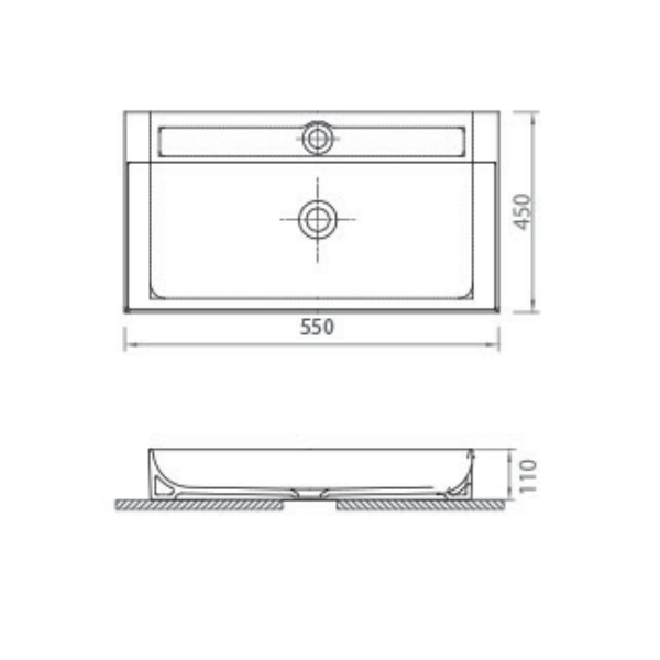 Square countertop white 55 cm wash basin LAVELLA newage serie technique drawing